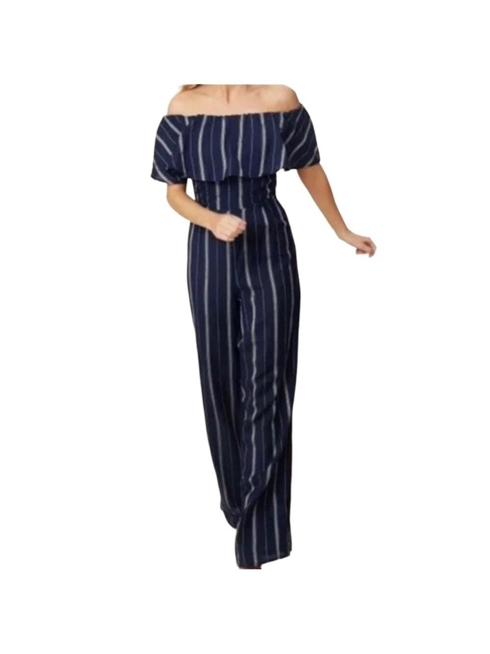 Altar'd State Navy White Stripe Off Shoulder Jumpsuit Small